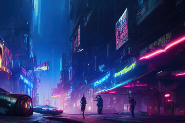 Cyberpunk city with skyscrapers, futuristic cyberpunk cityscape in the background, sci-fi, future city, neon signs, night city, glowing neon lights, dramatic light
