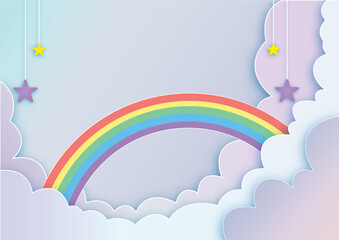 Obraz na płótnie Canvas Colorful rainbow with clouds and stars vector illustration background for social media post or banner template. Premium quality