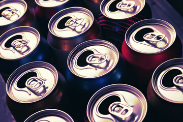 Beer cans. Close-up aluminum cans. Many open empty cans. Recycling and reuse. Selective focus.