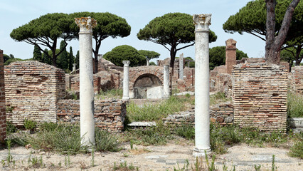 Domus of Columns at archeological excavation of Ostia Antica in Rome, a beautiful cultural travel destination heritage of ancient Roman empire with well preserved ruins artcrafts and buildings.