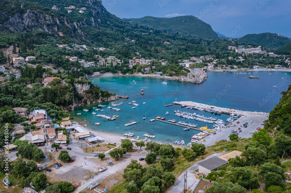 Poster Hearth shaped bay and Alypa beach in Palaiokastritsa village, Corfu Island, Greece