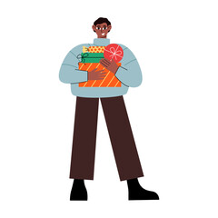 Man holding a stack of christmas gift boxes. Winter holiday vector flat illustration on isolated background. Man walking with presents for christmas and new year