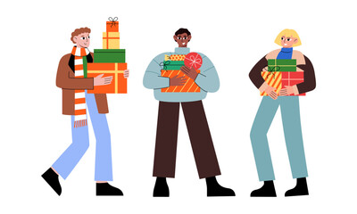 Group of diverse people holding christmas gift boxes. Vector flat illustration of happy men and women preparing presents for christmas and new year. 