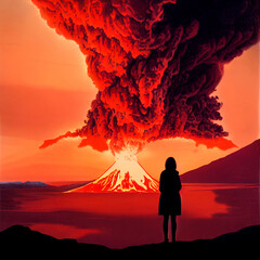 silhouette of a person  watching a volcano