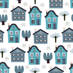 Fototapeta premium seamless pattern with cartoon houses, tree, decor elements. colorful vector for kids, flat style. Baby design for fabric, textile, print, wrapper.