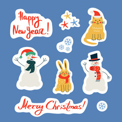 Set of vector stickers with cute snowmen and symbols of the year. Vector flat illustration with winter holidays elements and handwritten Christmas lettering.