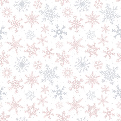Naklejka na ściany i meble Vector hand-drawn pink and grey snowflakes pattern. Snow icon silhouettes. Background for christmas, winter prints, seasonal greetings.