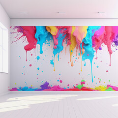 Fototapeta na wymiar illustration of wild multicolored paint splash in 3d on a white wall in a empty room, digital art