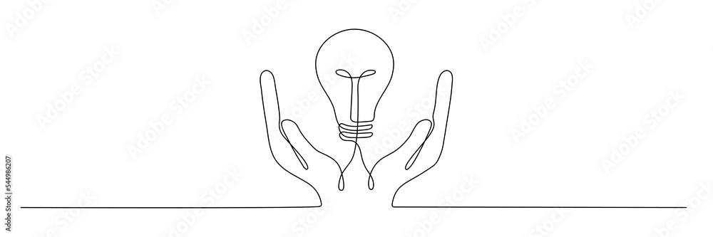 Poster lightbulb on hand one continuous line drawing. electric lamp. brainstorm linear symbol. vector isola