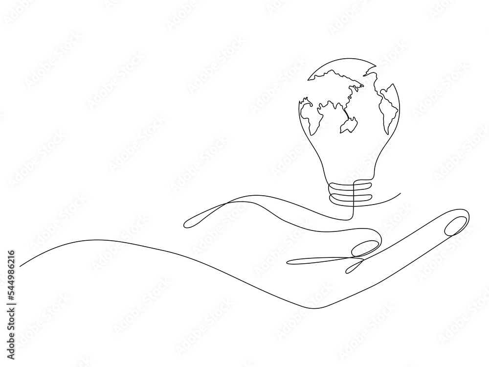 Poster hand hold lightbulb with earth map one continuous line drawing. vector isolated on white background.