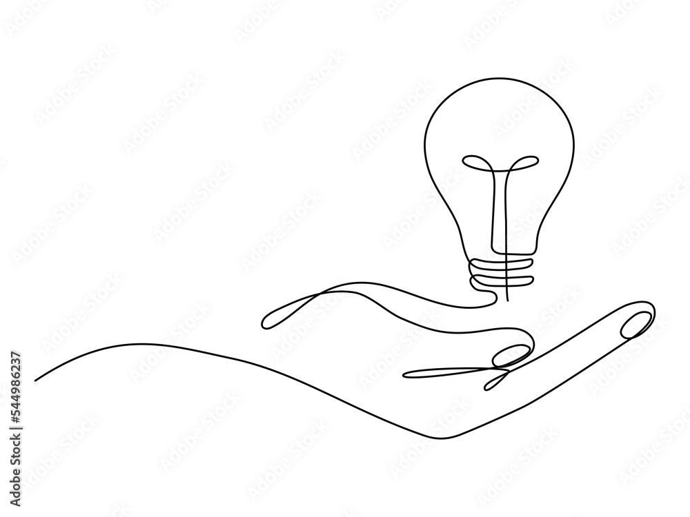 Poster lightbulb on hand one continuous line drawing. electric lamp. brainstorm linear symbol. vector isola