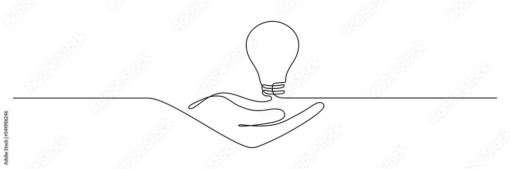 Poster lightbulb on hand one continuous line drawing. electric lamp. brainstorm linear symbol. vector isola