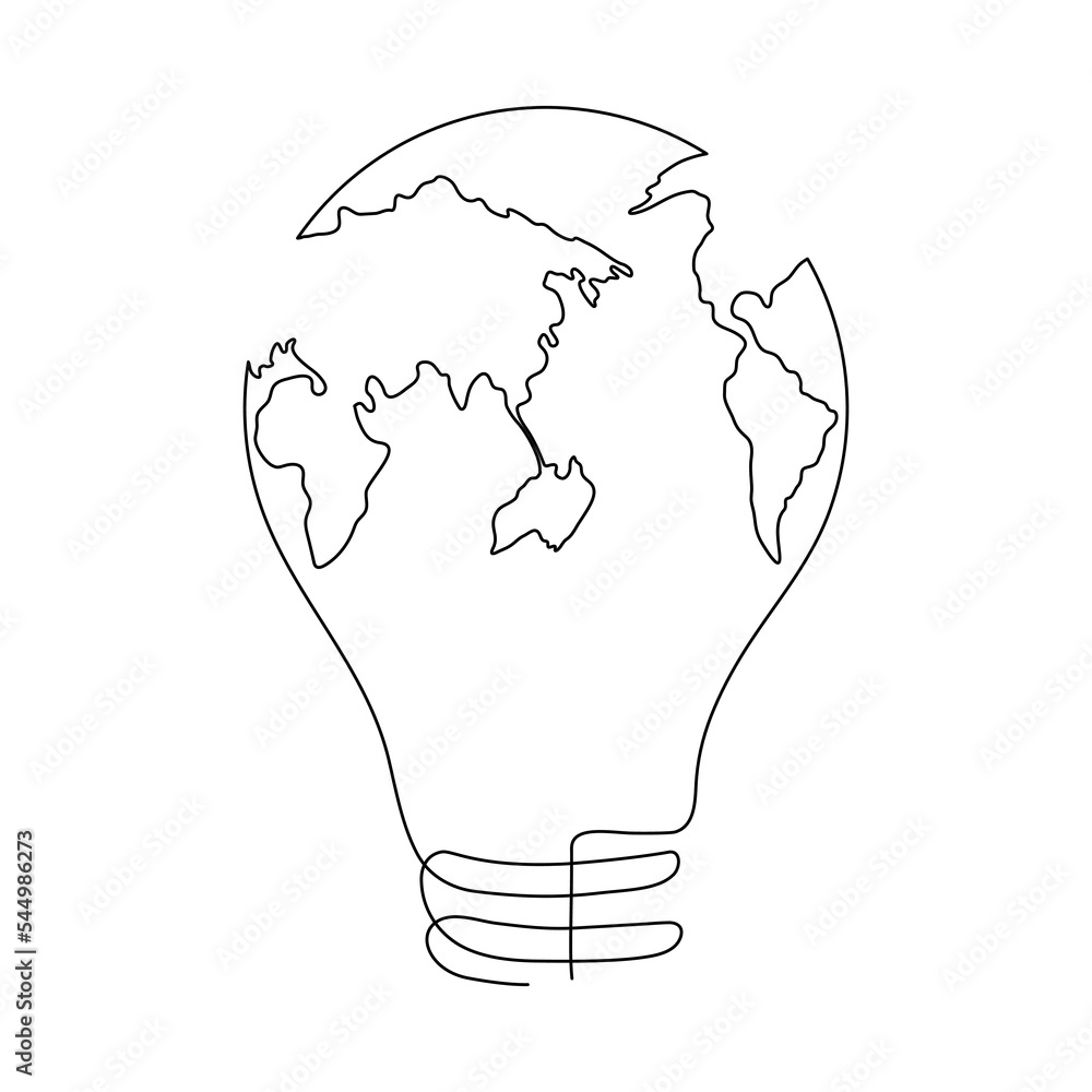 Poster lightbulb with earth map one continuous line drawing. vector isolated on white background.
