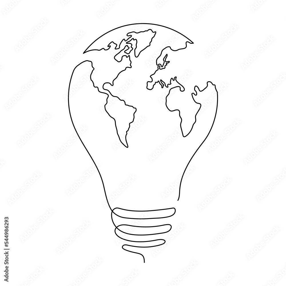 Poster lightbulb with earth map one continuous line drawing. vector isolated on white background.
