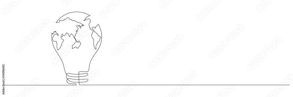 Poster lightbulb with earth map one continuous line drawing. vector isolated on white background.