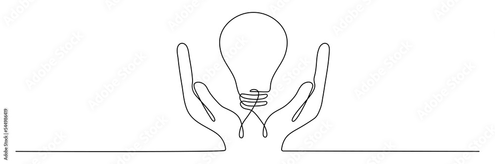 Poster lightbulb on hand one continuous line drawing. electric lamp. brainstorm linear symbol. vector isola