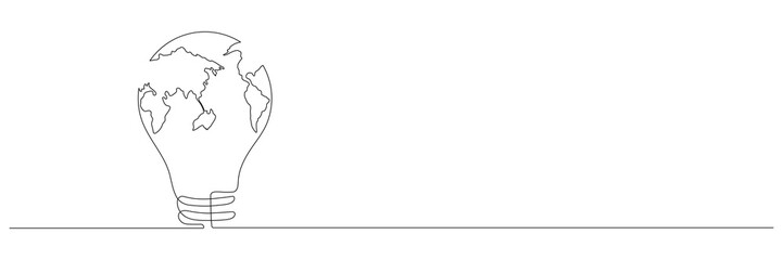 Lightbulb with Earth map one continuous line drawing. Vector isolated on white background.