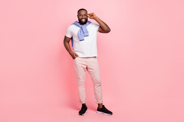 Fototapeta premium Full size picture of groomed smart businessman found his own company isolated on pink color background