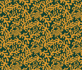 Abstract Hand Drawn Corals Sea Turtles Exotic Minimal Ocean Swimwear Seamless Pattern Perfect for Allover Fabric Print Monochrome Stylish Elegant Design