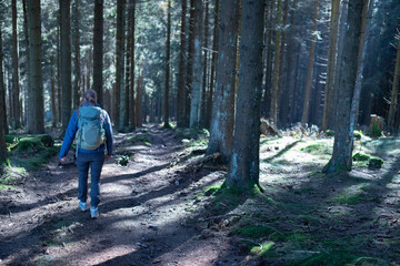 Frau mit Rucksack wandert durch einen Wald im Sauerland