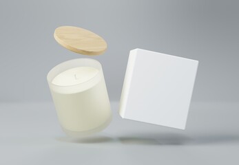 Frosted glass jar candle with wooden lid and box 3D render mockup