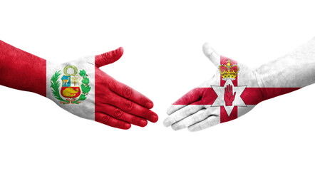 Handshake between Northern Ireland and Peru flags painted on hands, isolated transparent image.