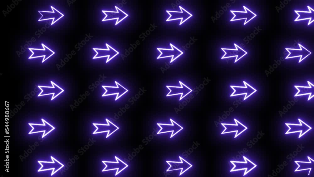 Poster neon arrow pattern on black background direction blinking, purple color neon arrow blinking on black