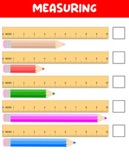 Measuring length  with ruler. Education developing worksheet. Game for kids.Vector illustration. practice sheets.Pencil measurement in inches - obrazy, fototapety, plakaty