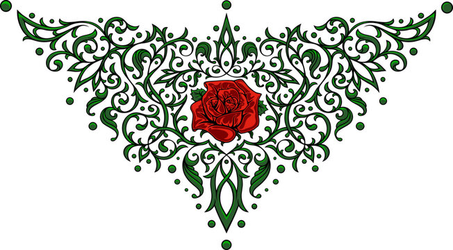 Victorian Gothic ornamental pattern with rose. Tattoo under breast, necklace, bracelet, on the back. Intricate design and decor. Highly detailed and accurate lines for print or engraving