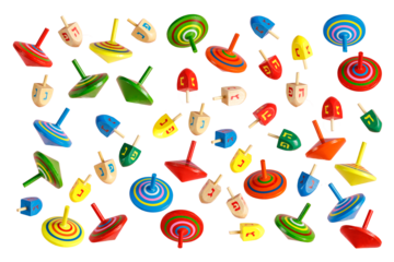 Hanukkah Jewish holiday. Wooden dreidels (spinning top). PNG