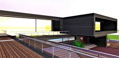 Reflection of the bright sun on the panoramic glass door to the comfortable fenced terrace with wooden flooring. 3d rendering.