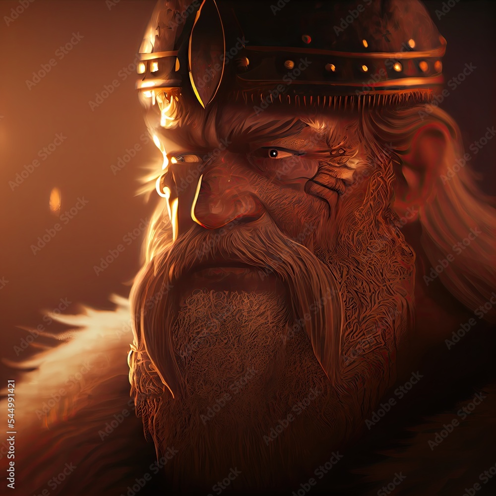 Wall mural Portrait of medieval dwarf viking warrior chief in the sunrise light, side view. Generative AI. - Wall murals