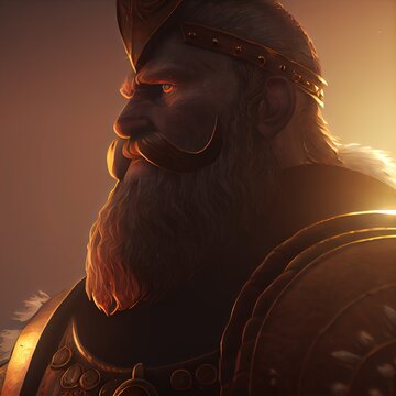 Portrait of medieval dwarf viking warrior chief in the sunrise light, side view. Generative AI.