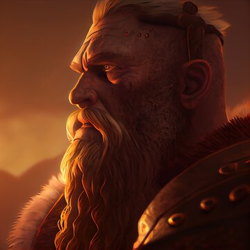 Portrait of medieval dwarf viking warrior chief in the sunrise light, side view. 3d rendered digital illustration.