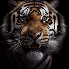Digitally generated 3d render of closeup tiger face in the dark