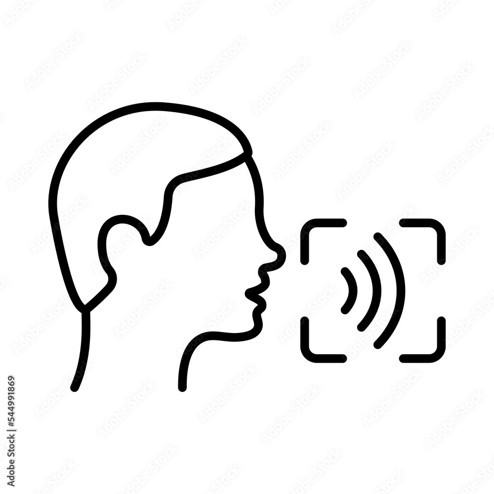 Poster access identification by voice line icon. command voice id recognition technology outline pictogram.