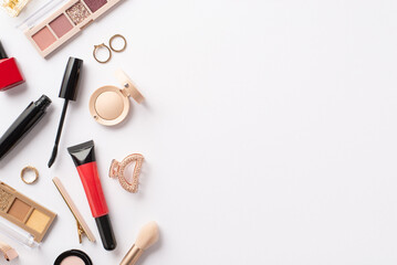 Decorative cosmetics concept. Top view photo of red lip gloss nail polish mascara eyeshadow...