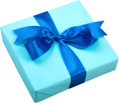 Gift box wrapped in blue paper and blue ribbon bow isolated