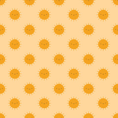 Seamless vector pattern of bright smiling sun on yellow background. Doodle style, vintage. For example the pattern for baby clothes or wrapping paper.