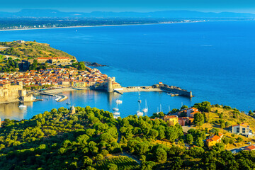 Fototapeta premium Landscape of Collioure city with harbor and sea in France