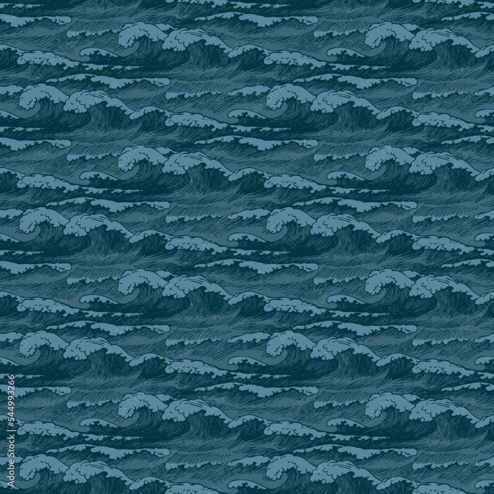 Poster vector seamless pattern with hand-drawn waves in retro style. decorative repeating illustration of s