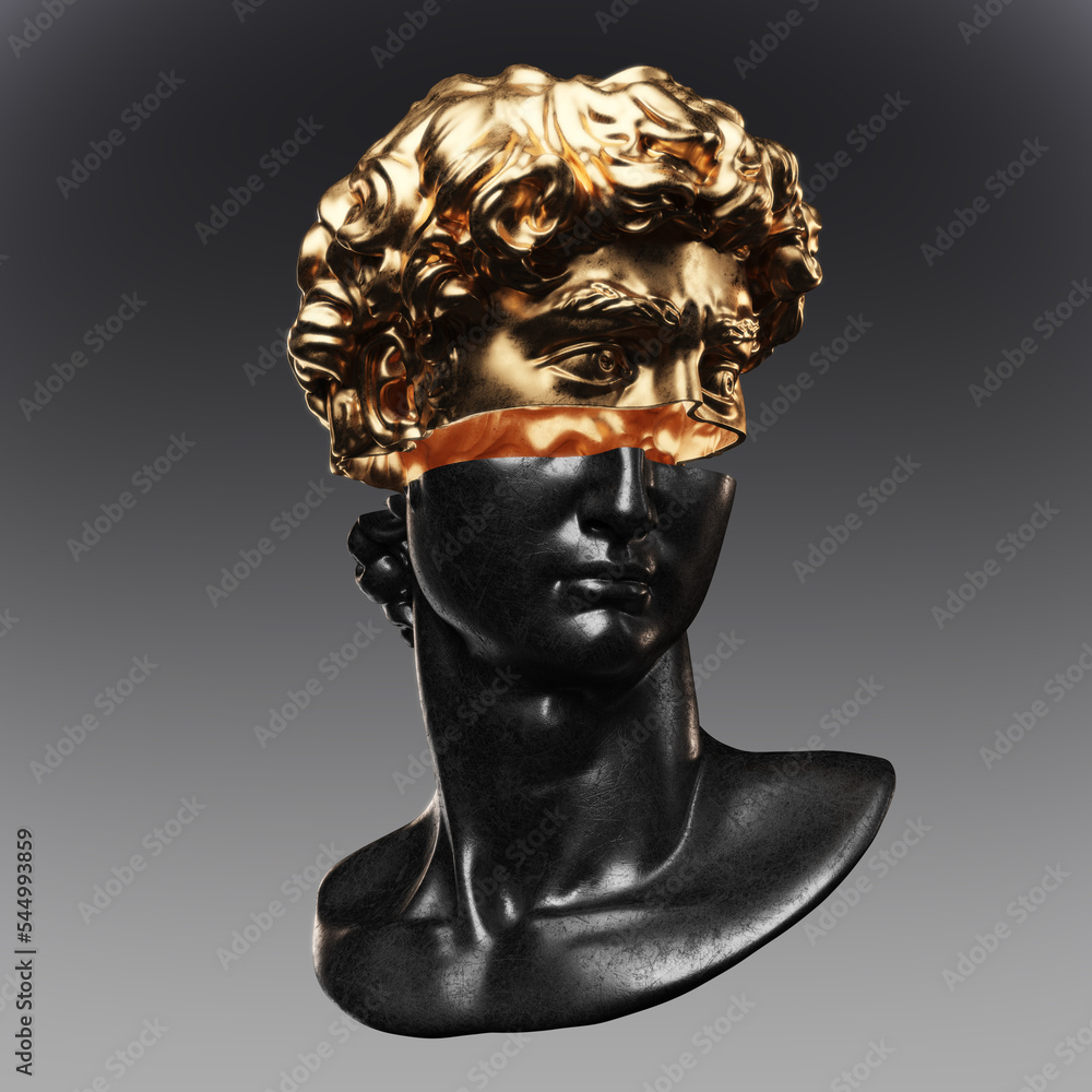 Poster abstract digital illustration from 3d rendering of male bust classical head sliced in two in gold an