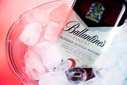 Ballantines whiskey bottle in bar bucket with ice. Ballantines concept. Whiskey concept.