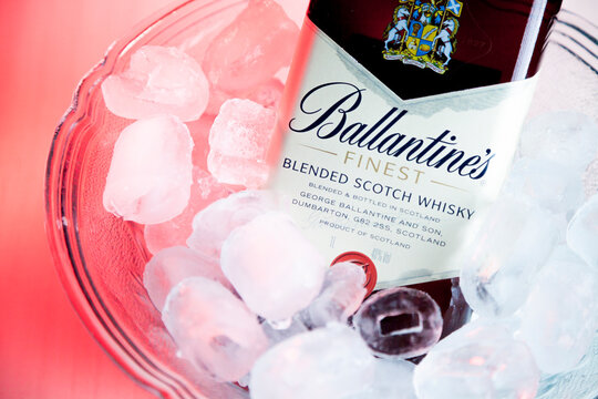 Ballantines whiskey bottle in bar bucket with ice. Ballantines concept. Whiskey concept.