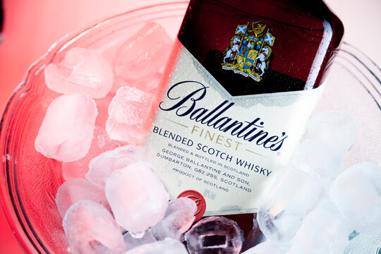Ballantines whiskey bottle in bar bucket with ice. Ballantines concept. Whiskey concept.