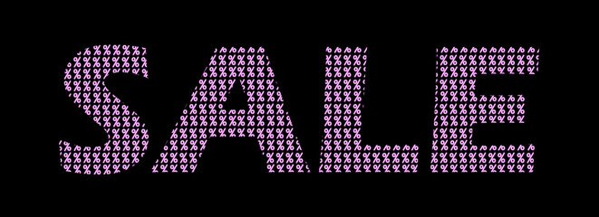 Sale text with neon percent sign texture. Advertising typography banner for retail, promotion campaign, discount, black friday and cyber monday. Vector design for poster, web, sticker.