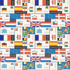 Vector seamless pattern on theme of travel to countries of Euro union. Repeatable background with flags, envelopes and postcards in retro style. Suitable for wallpaper, wrapping paper, fabric