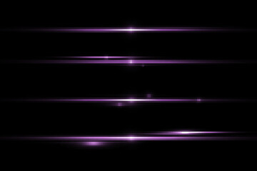 Horizontal lens flares, light rays with sparks on black background, light effect, purple color