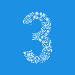 Number 3 made from white snowflakes. Christmas snow design element.