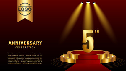 5th Anniversary. Template design with golden stage for celebration event, wedding, greeting card and invitation card. Vector illustration EPS10